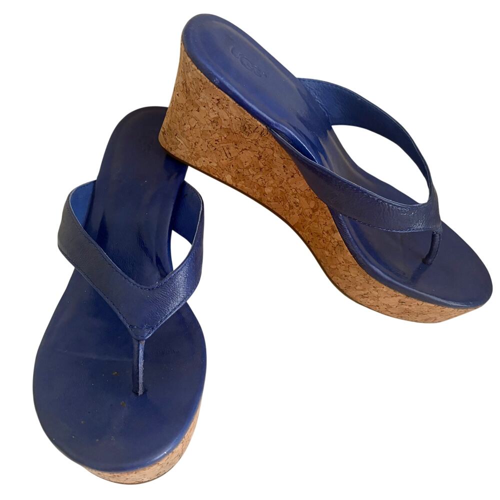 UGG Natassia Cobalt Blue Patent Leather Cork Wedge Platform Thong Sandals 8.5